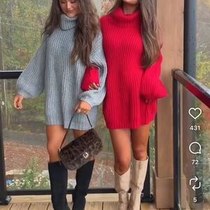 Cozy Turtleneck Sweater Dress - Red